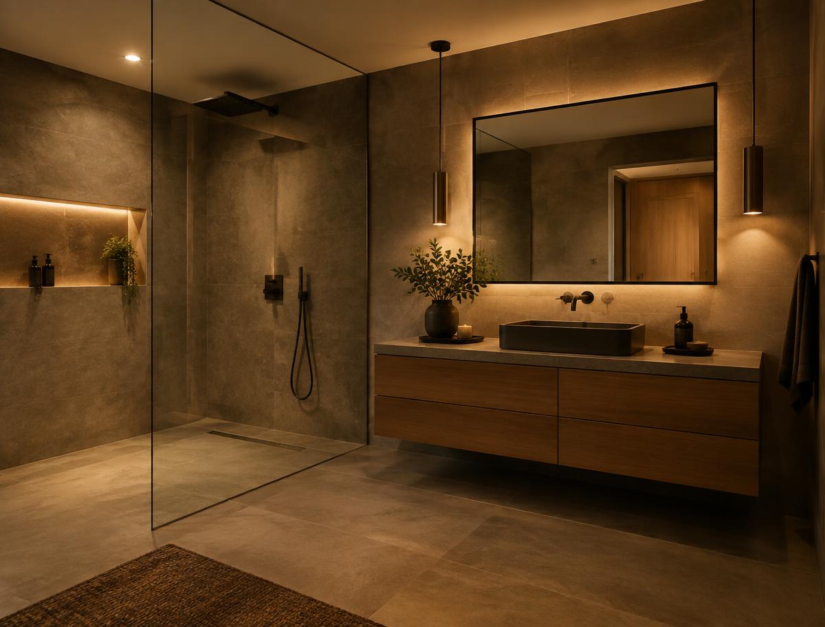 Remodeled bathroom with tiled walk-in shower and floating vanity