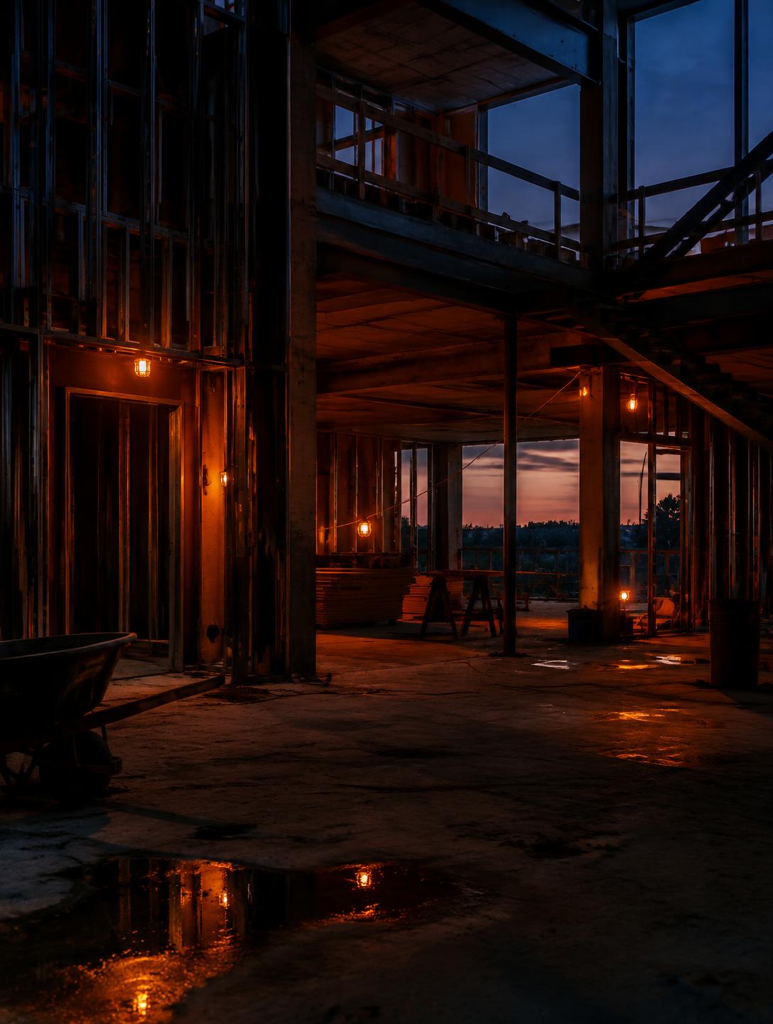 Construction site at dusk with steel framing and work lights